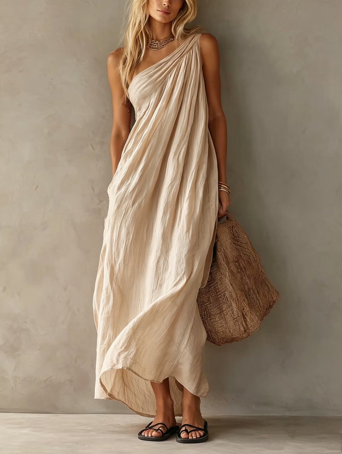 Dusty Pink One Shoulder Ruched Linen Maxi Dress