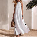 Casual Solid Color Cotton And Linen Sleeveless Side Slit Maxi Dress