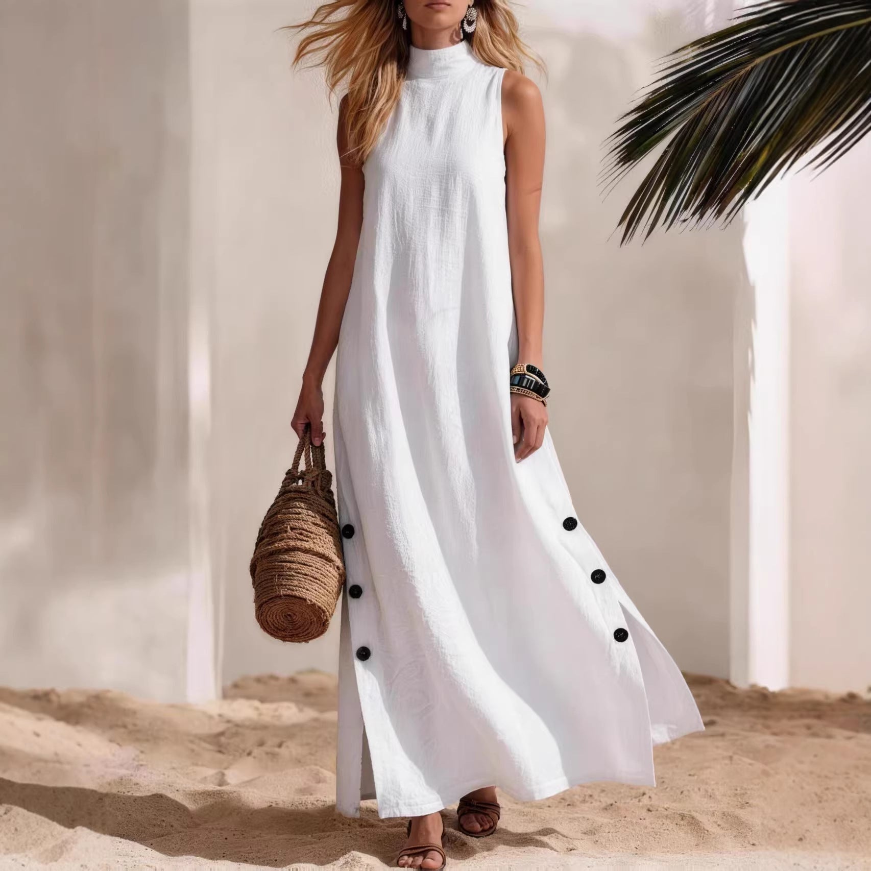 Casual Solid Color Cotton And Linen Sleeveless Side Slit Maxi Dress