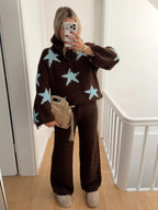 Women’s Oversized Chunky Knit Star Pattern Cowl Neck Pullover