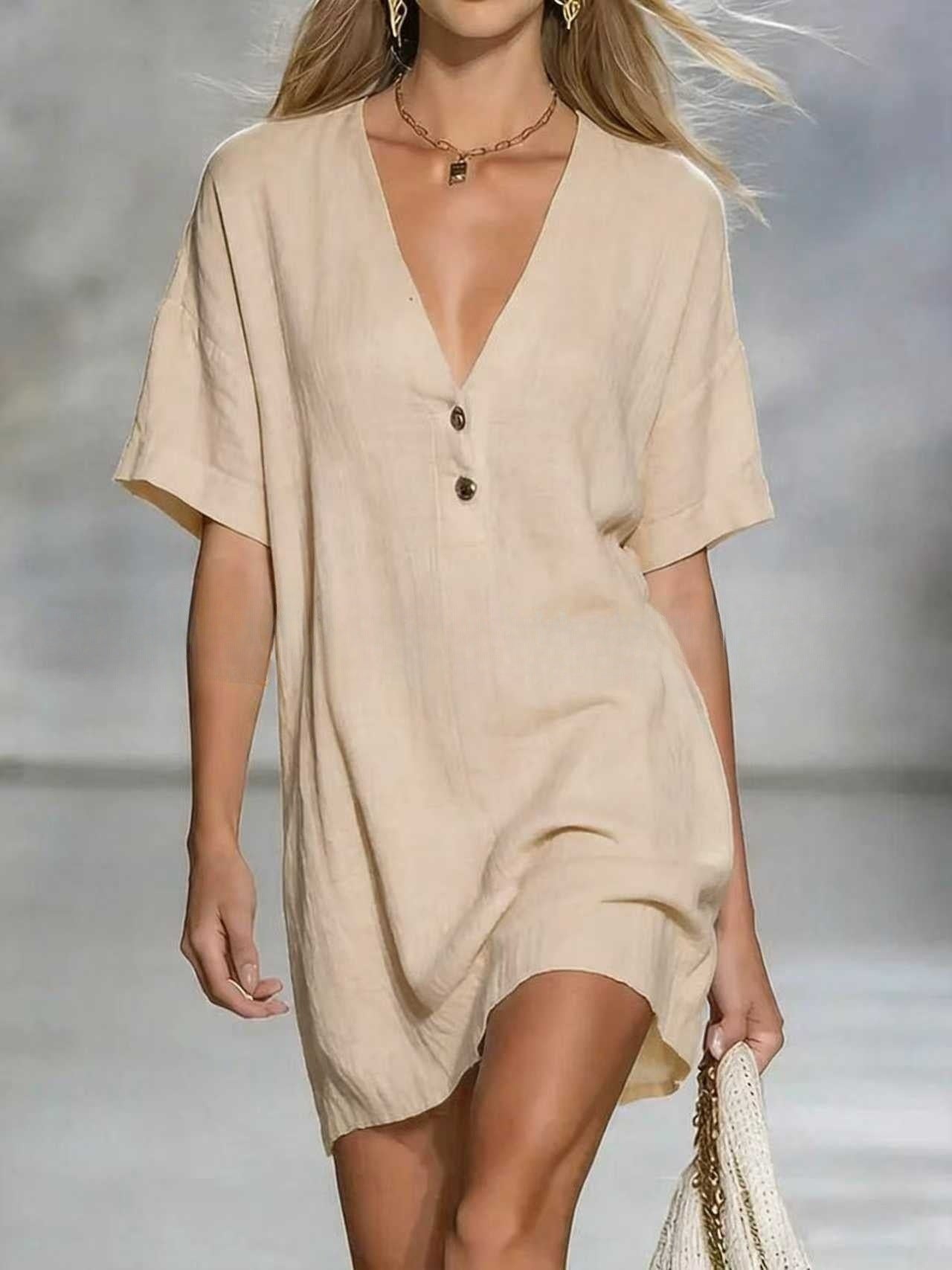 Effortless Chic Linen-Blend V-Neck Shirt Dress