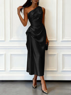 Satin One-shoulder Sleeveless Ruffled Midi Dress