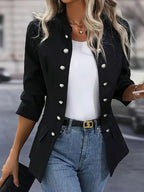Stand Collar Decorative Metal Button Blazer Jacket, 3/4 Sleeve Slim Fit Casual Outerwear With Flap Pockets For Daily Office Wear