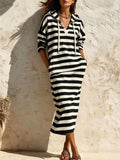 Stripe Hooded Drawstring Long‑Sleeve Midi Sweatshirt Dress
