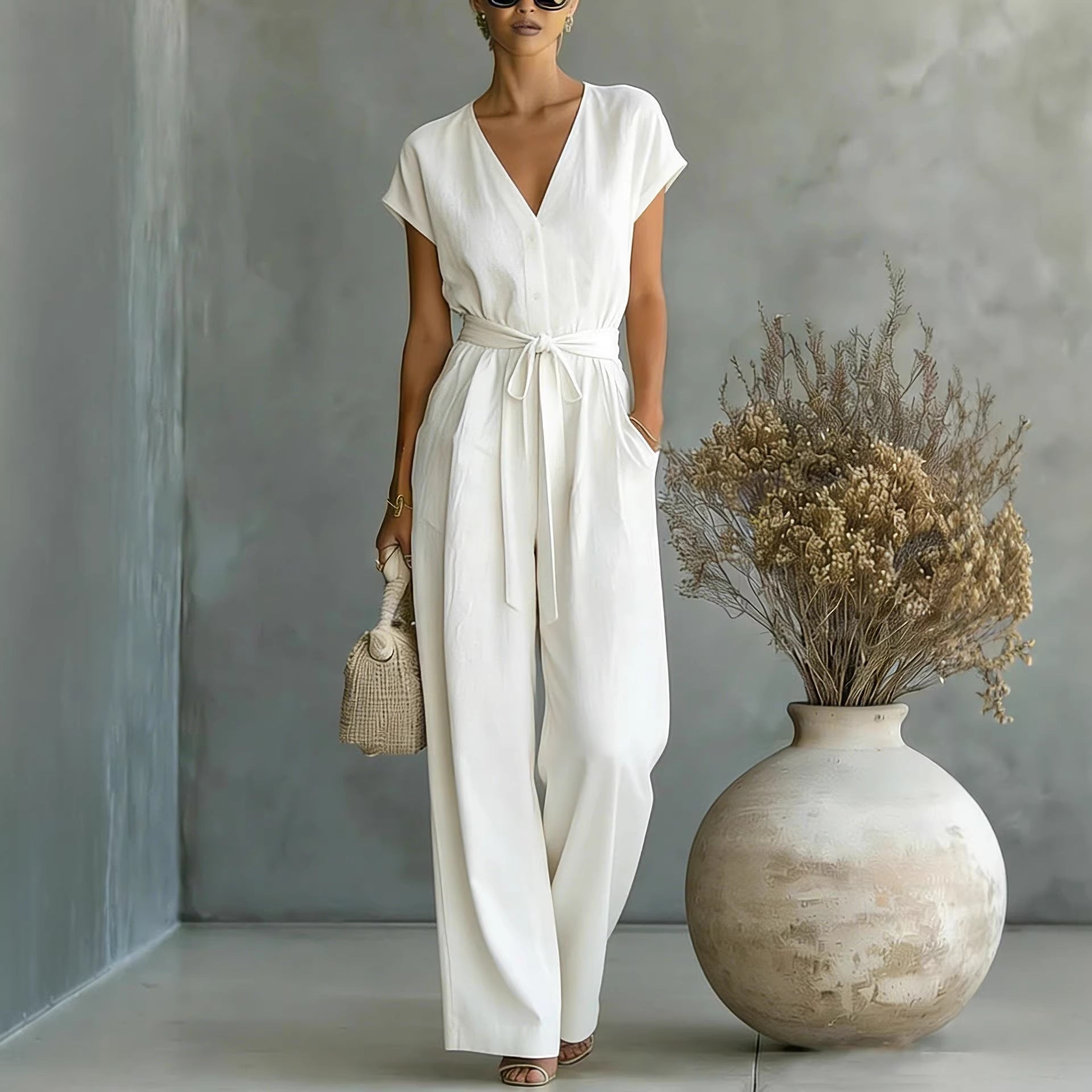 Elegant V-Neck Belted Jumpsuit for Women - Casual & Chic One-Piece Outfit for Everyday & Occasion Wear