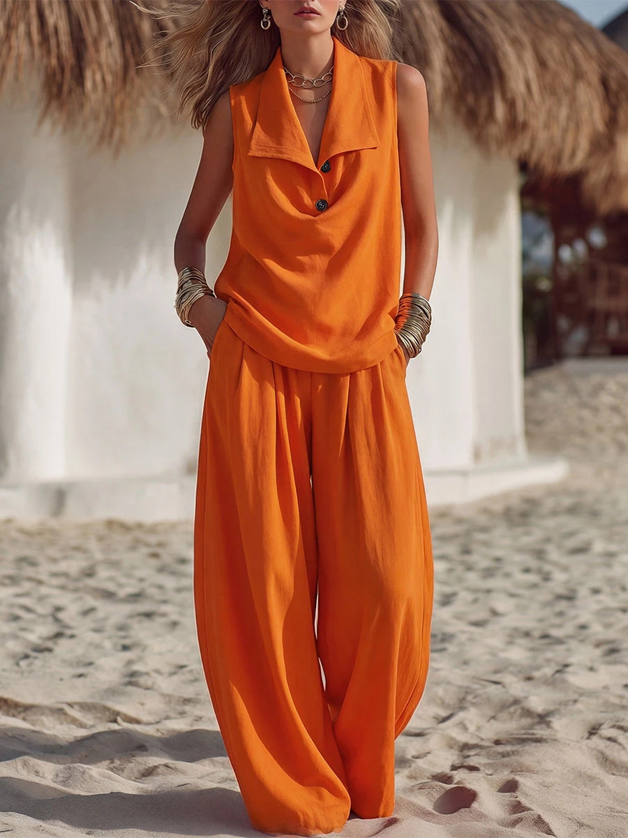Sleeveless Collar Top & Wide Leg Vacation Pants