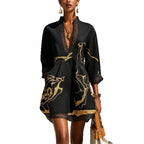 Black Gold Printed V-neck Crochet Lace Mini Dress