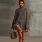 Loose Fit Long Sleeve Knit Sweater Dress Contrast Mesh Ruffle Trim
