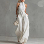 Women's White Linen-Blend Halter Wide-Leg Jumpsuit with Belt