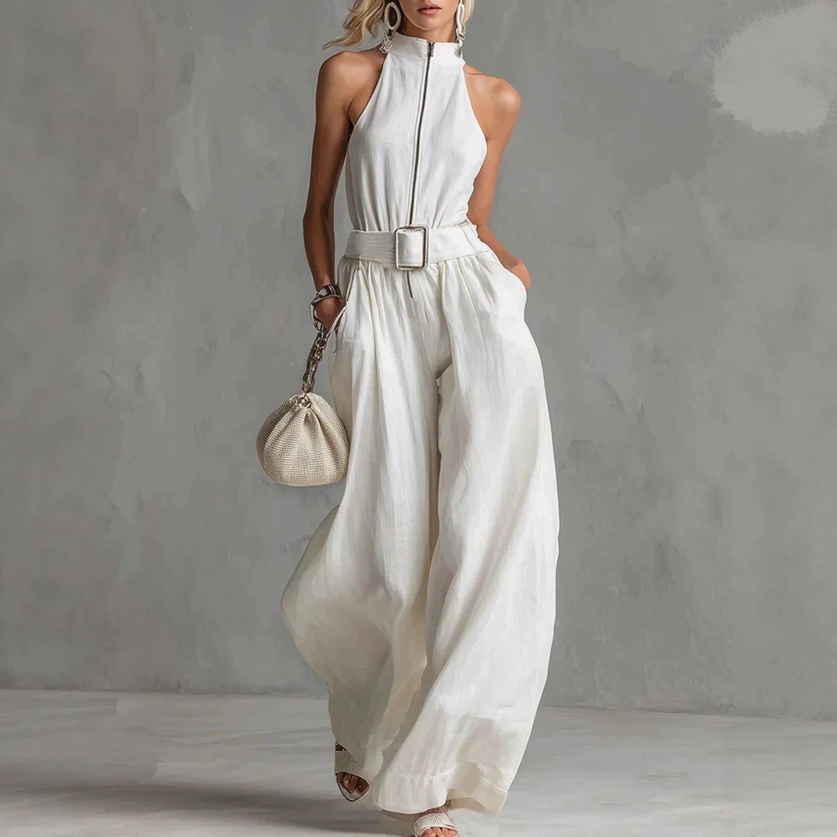 Women's White Linen-Blend Halter Wide-Leg Jumpsuit with Belt