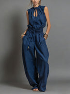Beige Linen-Blend Smocked-Waist Jumpsuit
