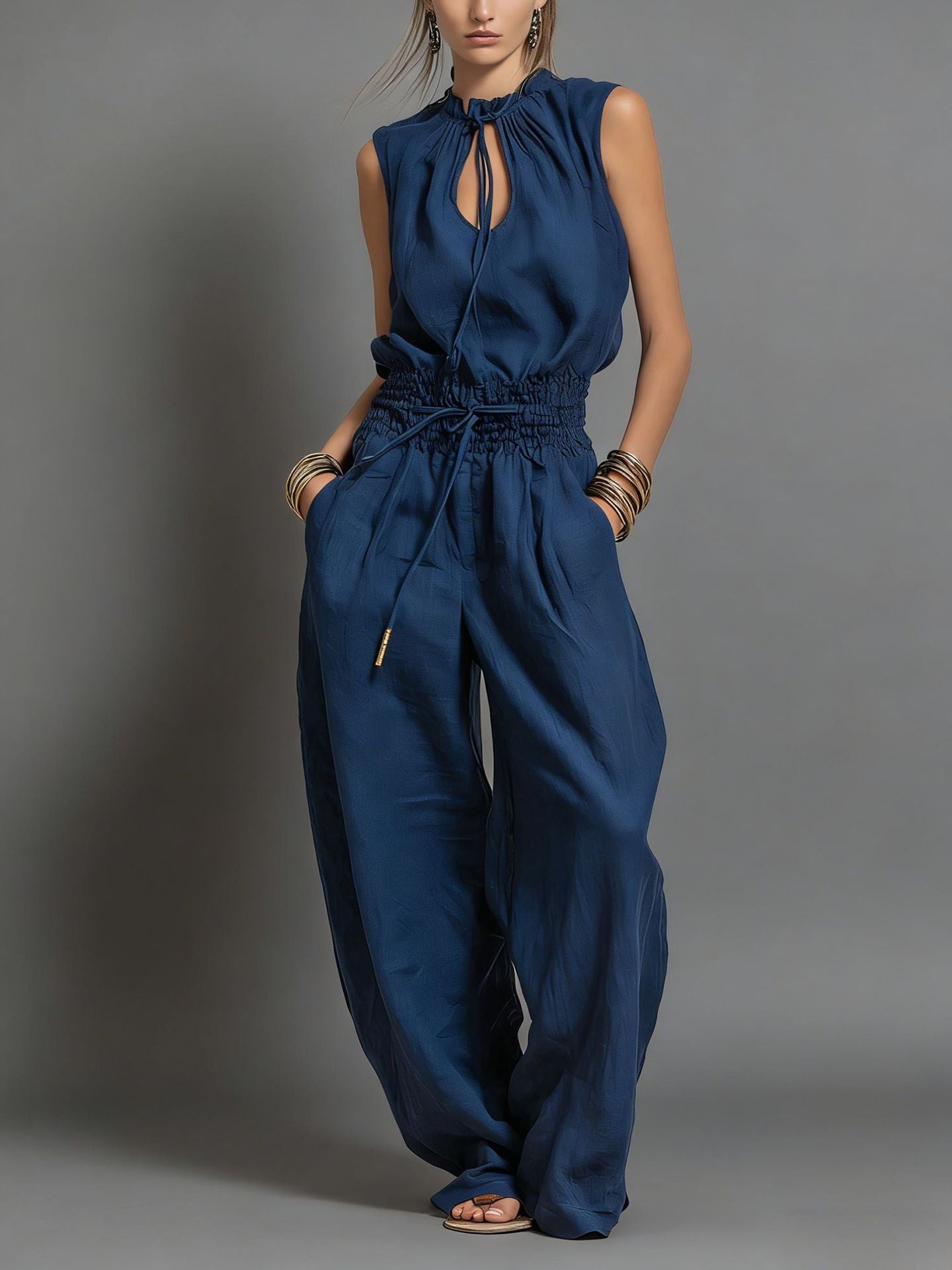 Beige Linen-Blend Smocked-Waist Jumpsuit