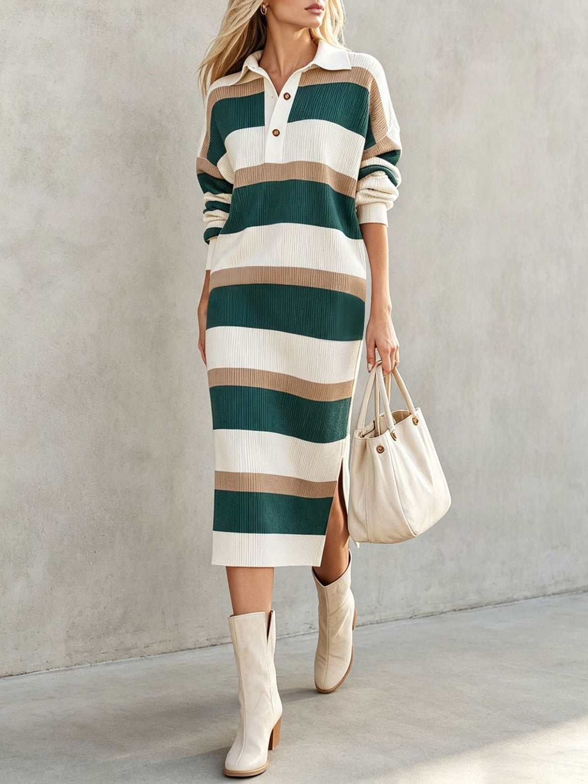 Striped Polo Collar Knit Midi Dress