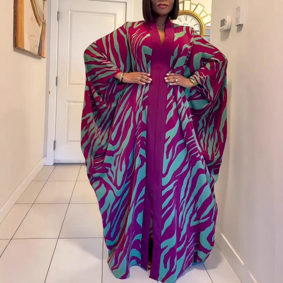 Women's Abstract Zebra Print Batwing Sleeve Maxi Caftan