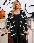 Women's Halloween Bat Moon Print V Neck Long Sleeve Button Front Knit Cardigan