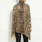 Leopard Sequin Turtleneck Asymmetric Draped Long Sleeve Loose Blouse Top