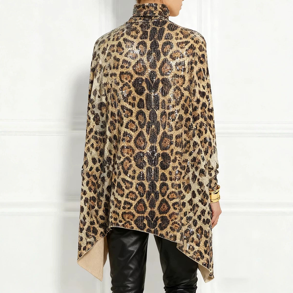 Leopard Sequin Turtleneck Asymmetric Draped Long Sleeve Loose Blouse Top