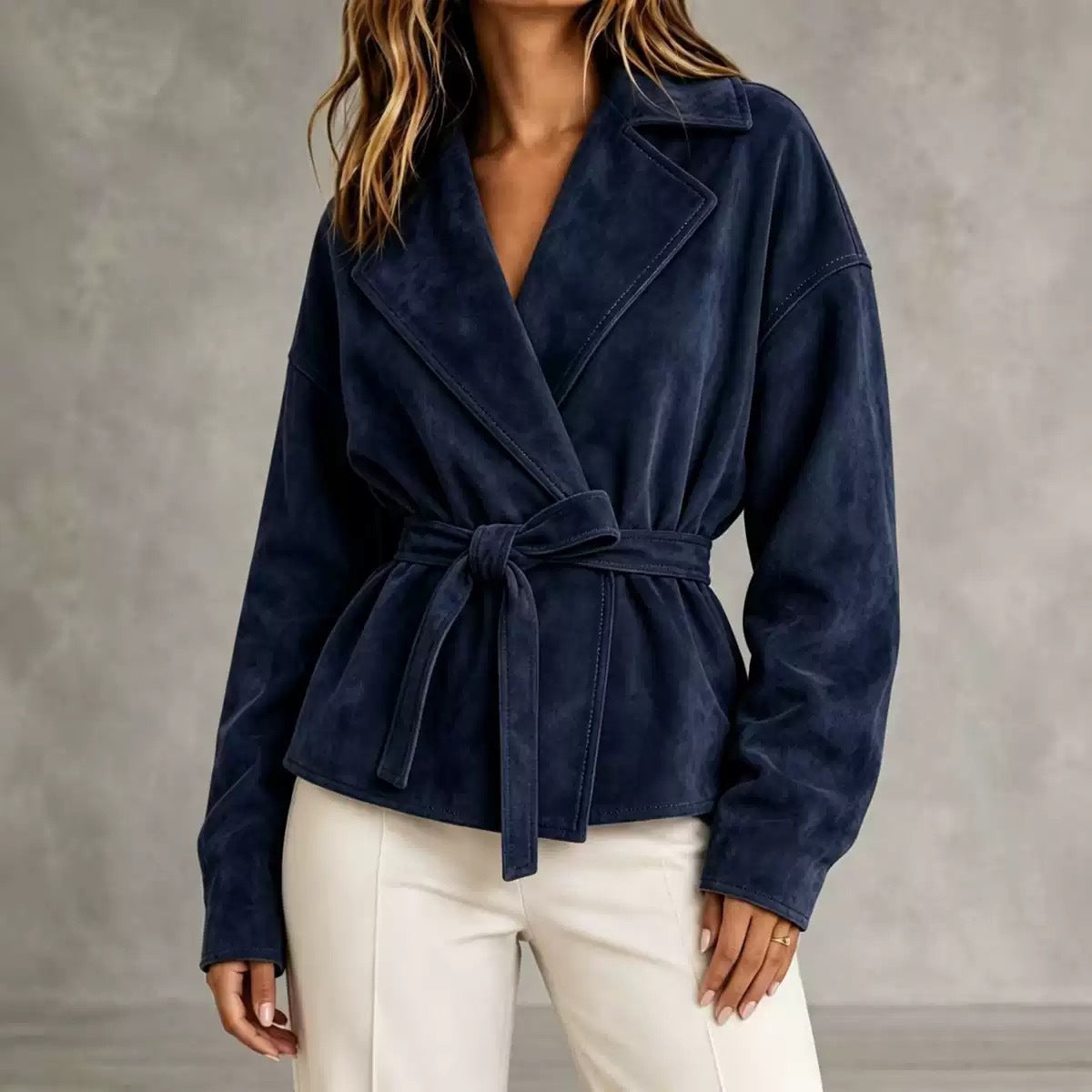 Women's Faux Suede Wrap Jacket with Self-Tie Belt