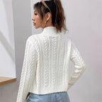 Stand Collar Full Zip Cable Knit Cropped Long Sleeve Knitted Cardigan Jacket