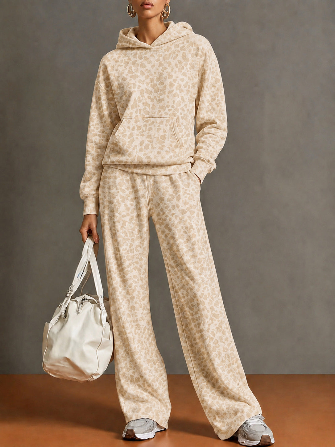 Leopard Print Hooded Top & Wide Leg Pants 2 Piece Tracksuit Set