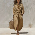 Women'S Solid Color Shirt Collar Single-Breasted Pocket Cardigan Long-Sleeved Casual Dress