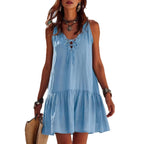 🌊 Sky Blue Lace-Up Ruffle Hem Sundress