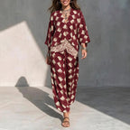 Geometric Print V‑Neck Kimono Sleeve Top & Wide‑Leg Pants Two‑Piece Set