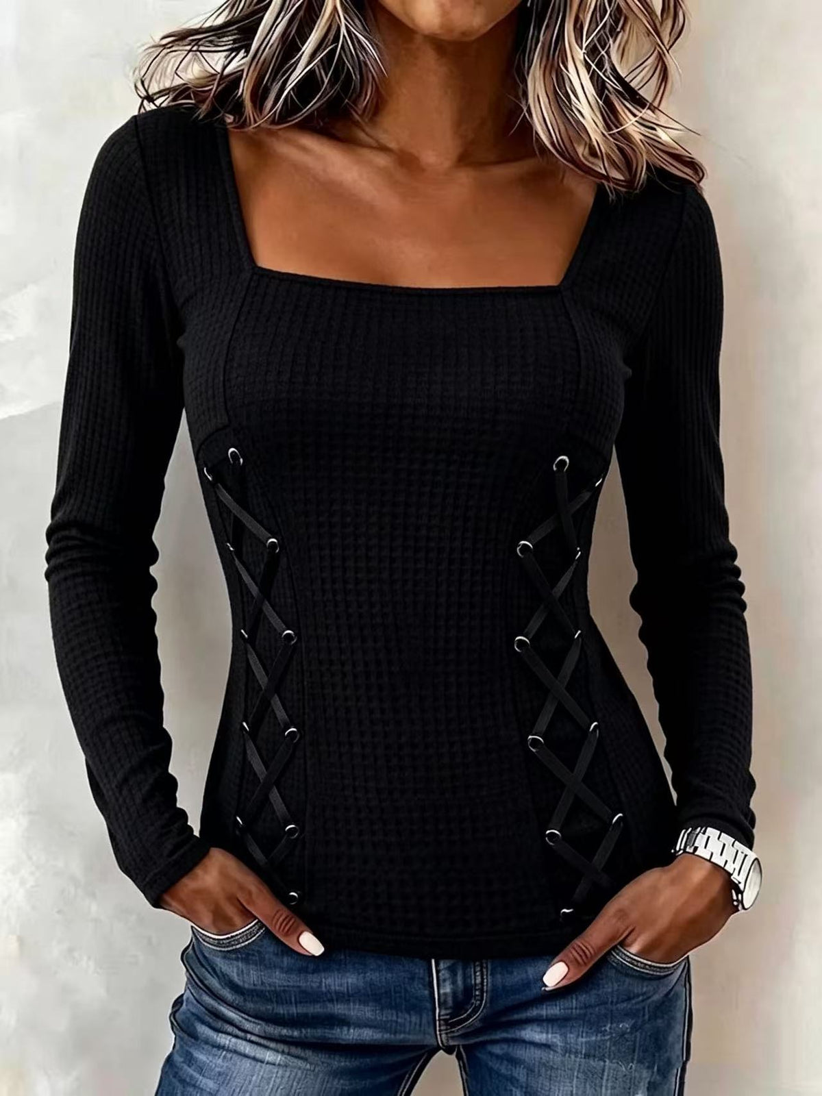 Women's Square Neck Waffle Knit Long Sleeve Top With Side Lace Up Detail