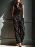 Sleeveless Collar Shirt Cargo Wide Leg Jumpsuit