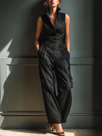 Sleeveless Collar Shirt Cargo Wide Leg Jumpsuit