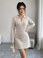 Polo Collar 3D Floral Embroidery Knit Mini Dress