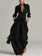 Women'S Shirt‑Style Self‑Tie Belt Wide‑Leg Jumpsuit