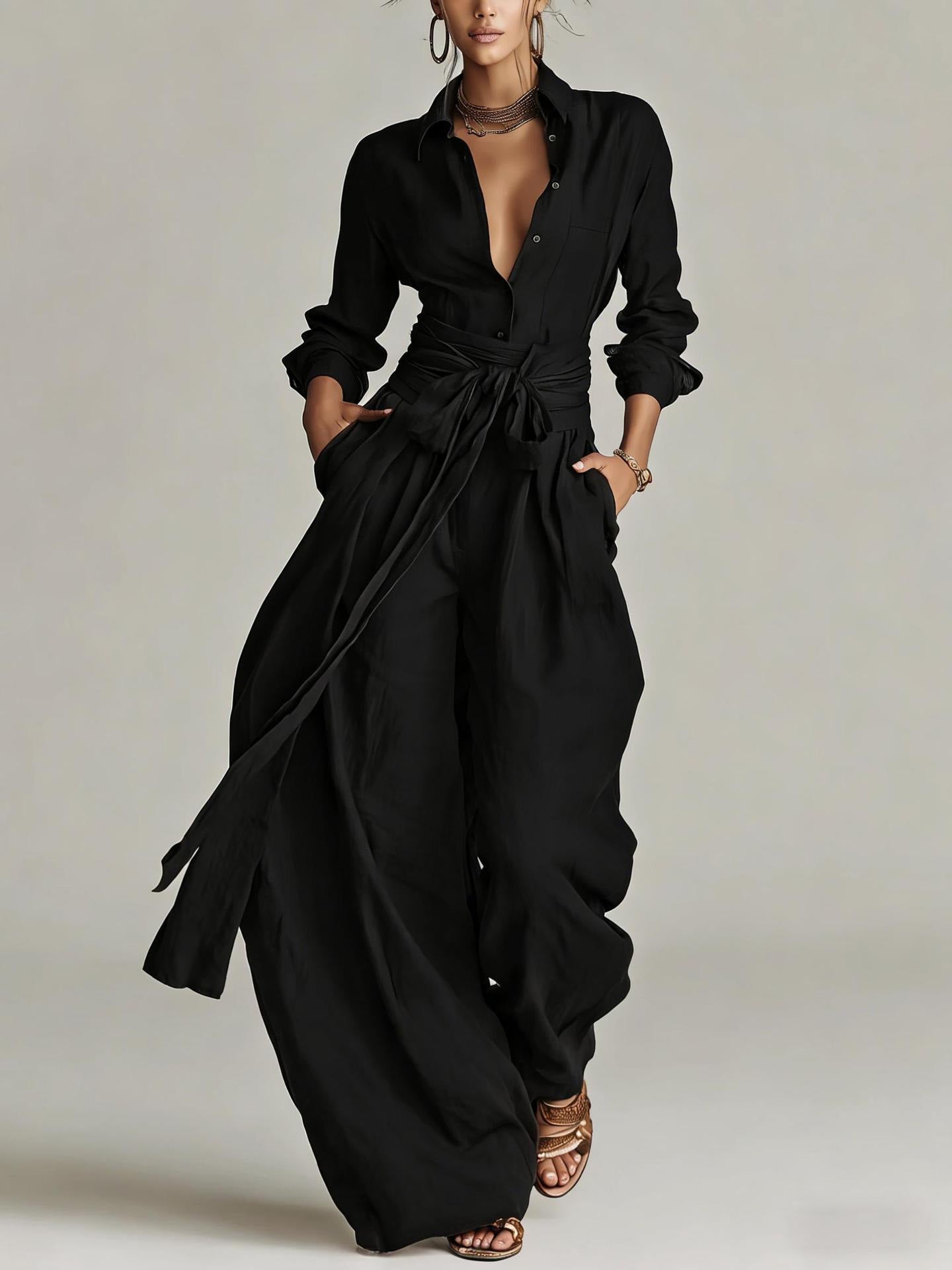 Women'S Shirt‑Style Self‑Tie Belt Wide‑Leg Jumpsuit