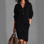 Women's Autumn Casual Lapel Button Loose Mid-Length Sweater Dress