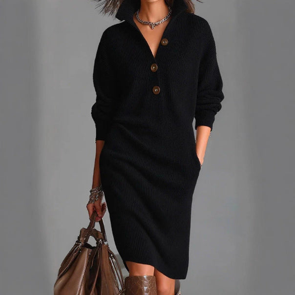 Women's Autumn Casual Lapel Button Loose Mid-Length Sweater Dress