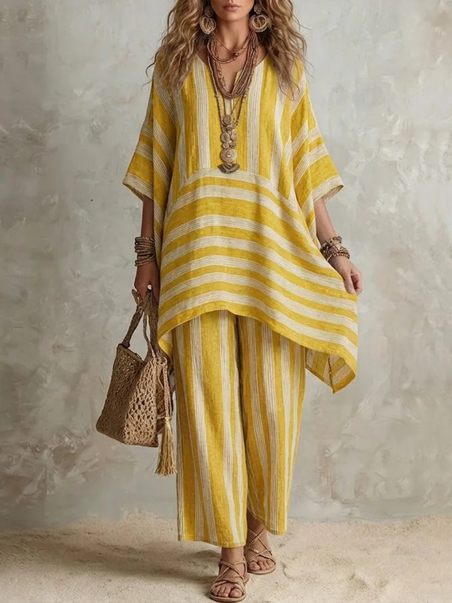 V-Neck Loose Striped Casual Two-Piece Suit