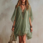 Fashion V-Neck Chiffon 2-Piece Dress Seaside Vacation Loose Blouse Beach Skirt