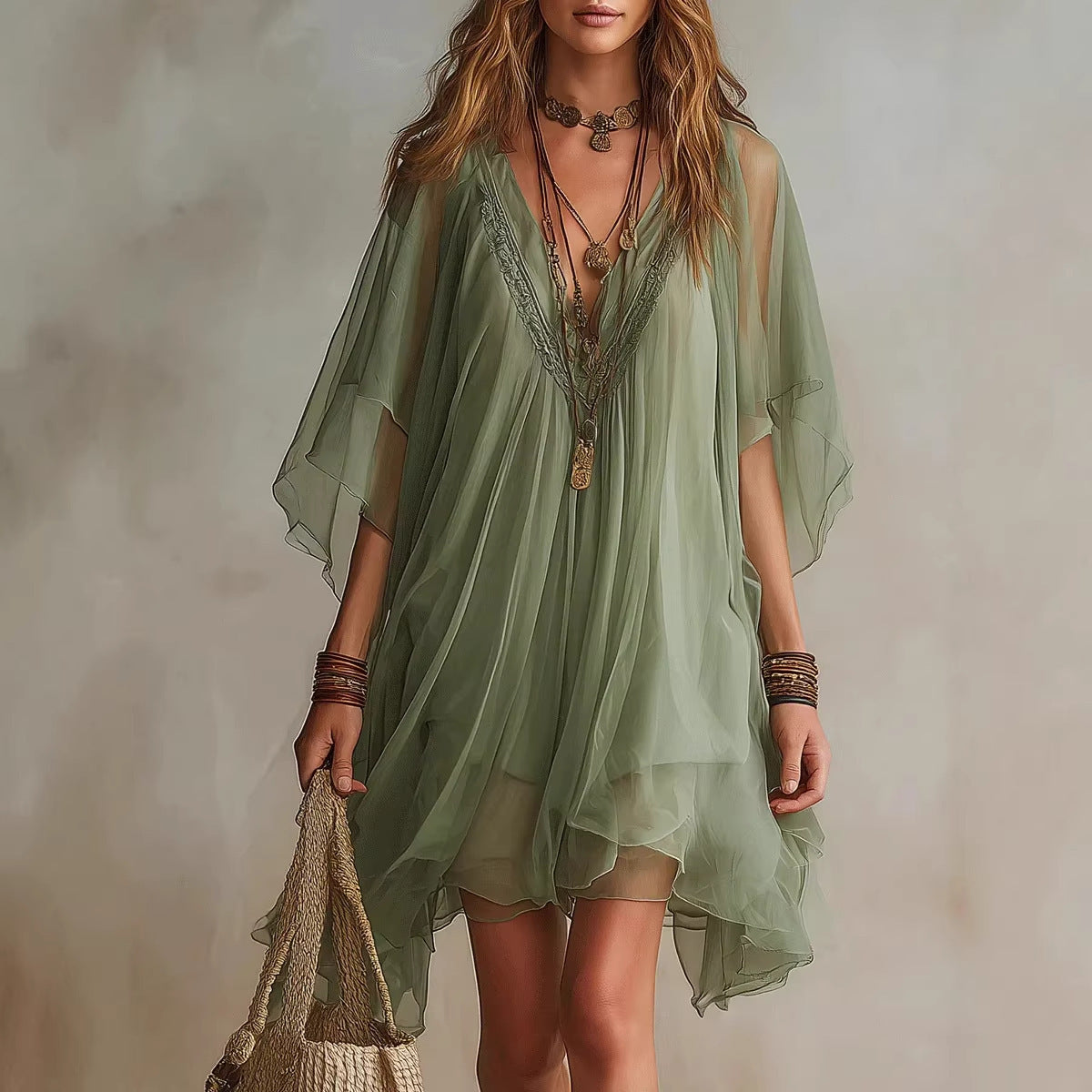 Fashion V-Neck Chiffon 2-Piece Dress Seaside Vacation Loose Blouse Beach Skirt