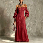 Off‑The‑Shoulder Puff‑Sleeve Linen‑Blend Maxi Dress