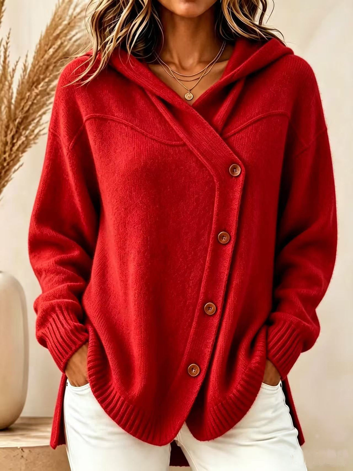 Hooded Wrap Diagonal Button Knit Cardigan