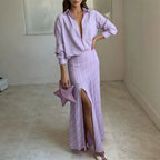 Women Striped Long‑Sleeve Shirt & High‑Slit Maxi Skirt Two‑Piece Set
