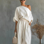 Women One Shoulder Linen Two Piece Outfit, Oversized Roll Sleeve Top