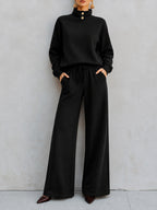 Mock‑Neck Button‑Detail Sweatshirt & Wide‑Leg Drawstring Pants Two‑Piece Set - black / S