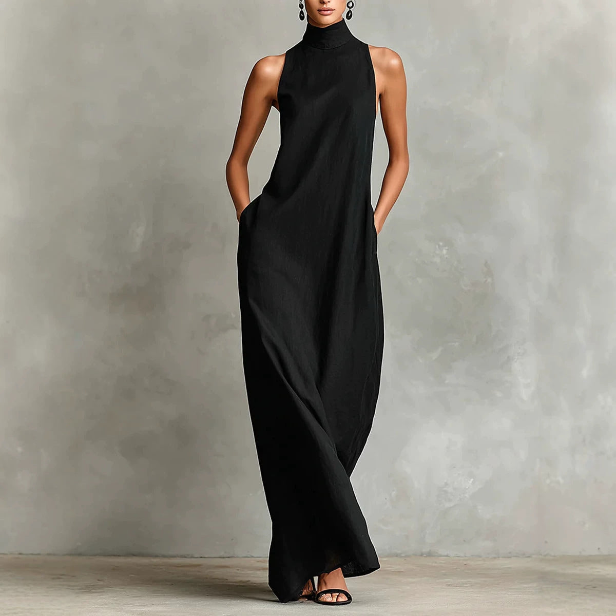 Sleeveless High Neck Linen Maxi Shift Dress