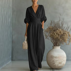 Women'S Surplice V‑Neck Cuffed Sleeve Wide‑Leg Linen‑Blend Jumpsuit