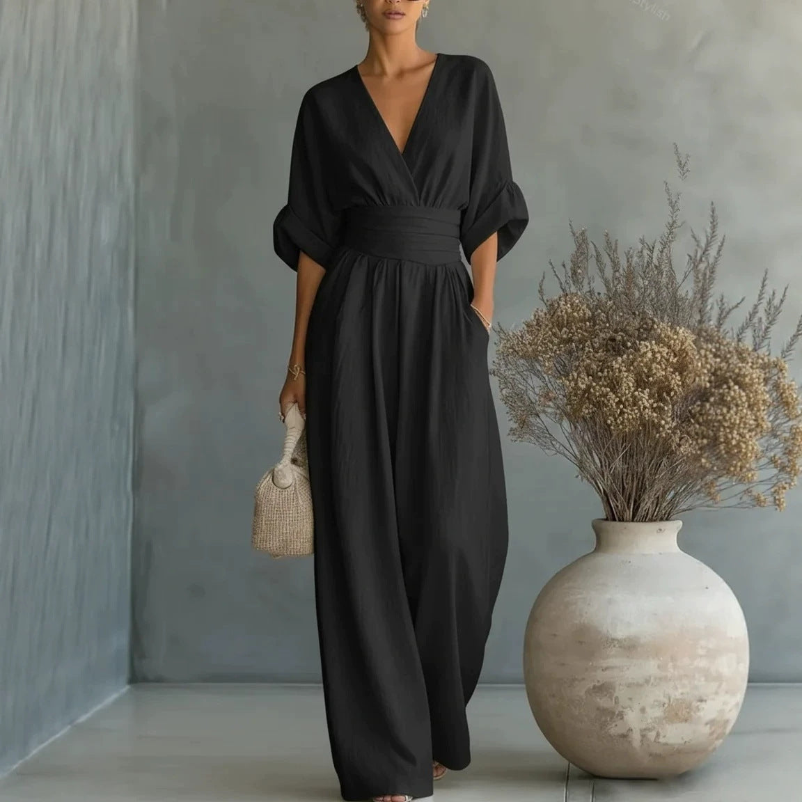 Women'S Surplice V‑Neck Cuffed Sleeve Wide‑Leg Linen‑Blend Jumpsuit