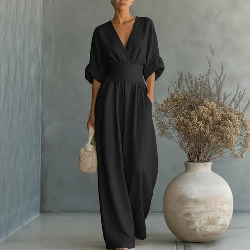 Women'S Surplice V‑Neck Cuffed Sleeve Wide‑Leg Linen‑Blend Jumpsuit