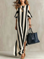 Vertical Stripe Cold Shoulder Split Maxi Shift Dress