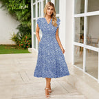 Women's V-Neck Ruffle Sleeve Midi Dress - Versatile Casual Floral/Print Dress with Pockets (6 Colors Available)