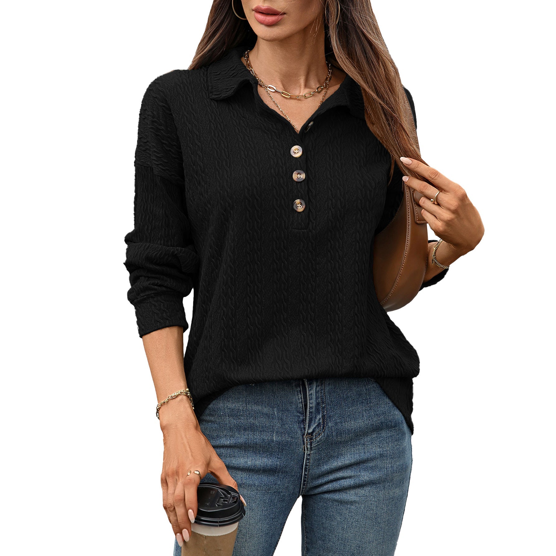Women's Textured Polo Henley Long‑Sleeve Top